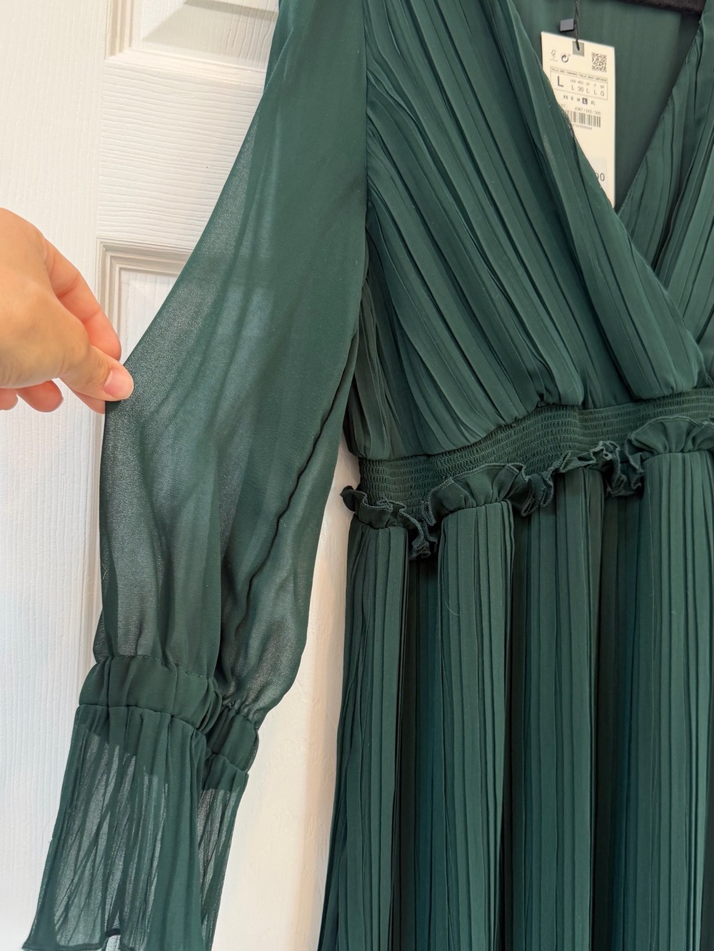 Zara Forest Green Pleated Long Sleeve Wrap Dress - Picture 3 of 3
